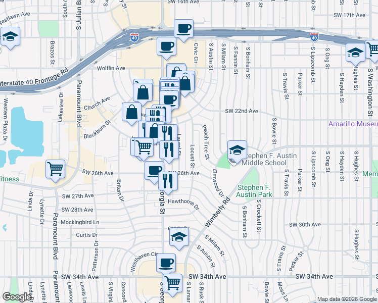 map of restaurants, bars, coffee shops, grocery stores, and more near 2231 Locust Street in Amarillo