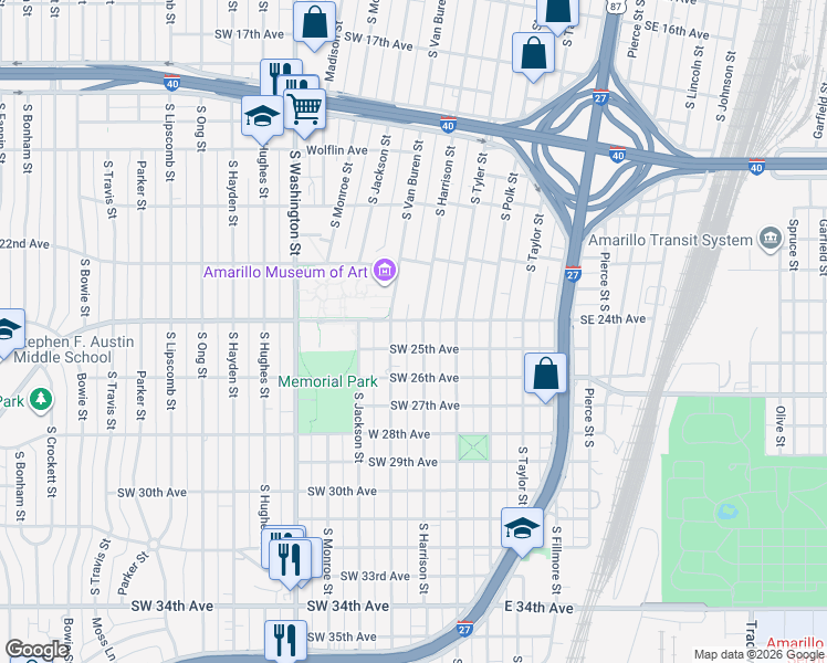 map of restaurants, bars, coffee shops, grocery stores, and more near 2402 South Harrison Street in Amarillo