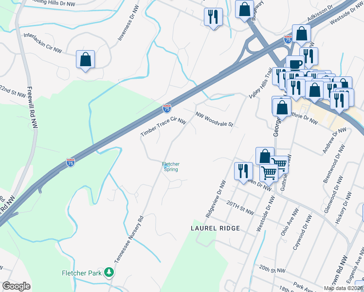 map of restaurants, bars, coffee shops, grocery stores, and more near 2320 Tennessee Nursery Road in Cleveland