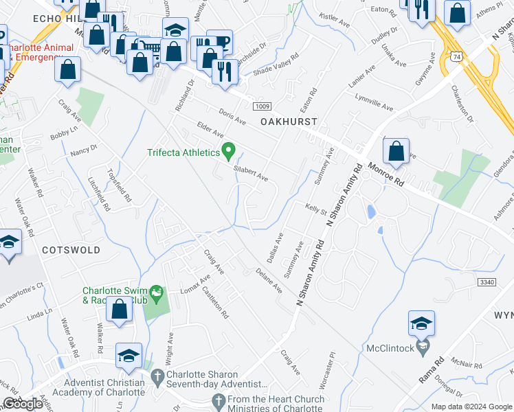 map of restaurants, bars, coffee shops, grocery stores, and more near 2335 Sylvia Court in Charlotte