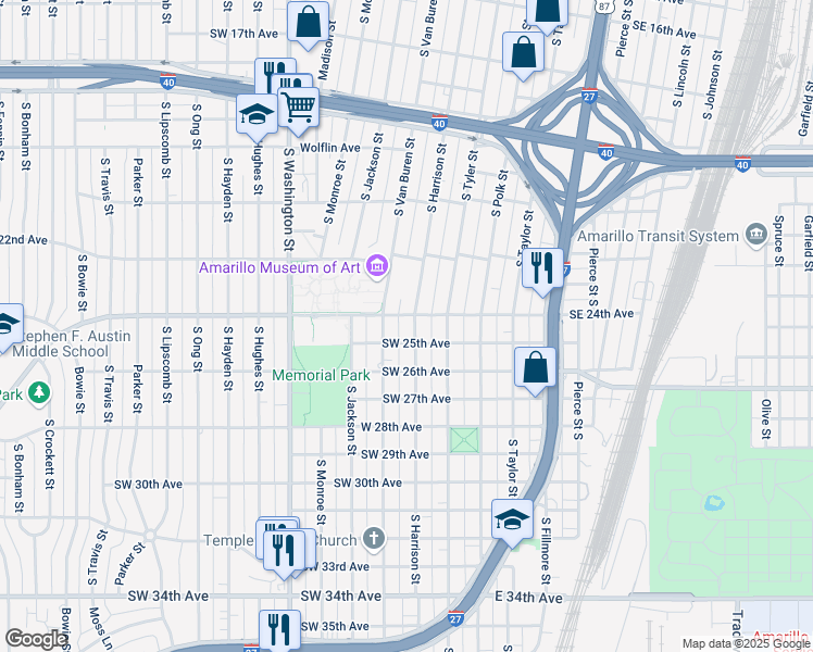 map of restaurants, bars, coffee shops, grocery stores, and more near 2402 South Harrison Street in Amarillo