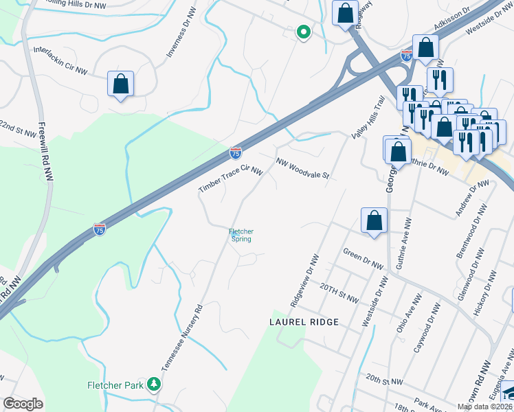 map of restaurants, bars, coffee shops, grocery stores, and more near 2320 Tennessee Nursery Rd in Cleveland