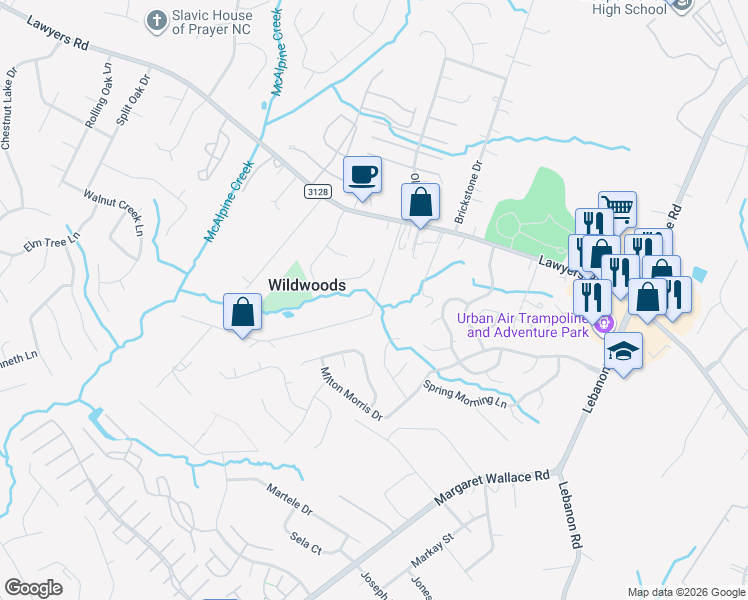 map of restaurants, bars, coffee shops, grocery stores, and more near 8823 Spicewood Drive in Charlotte