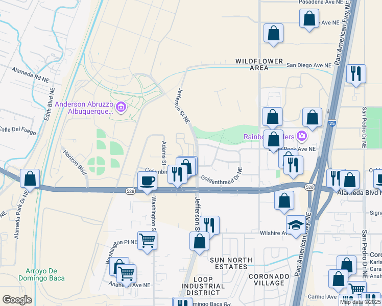 map of restaurants, bars, coffee shops, grocery stores, and more near 8909 Bluegrass Court in Albuquerque
