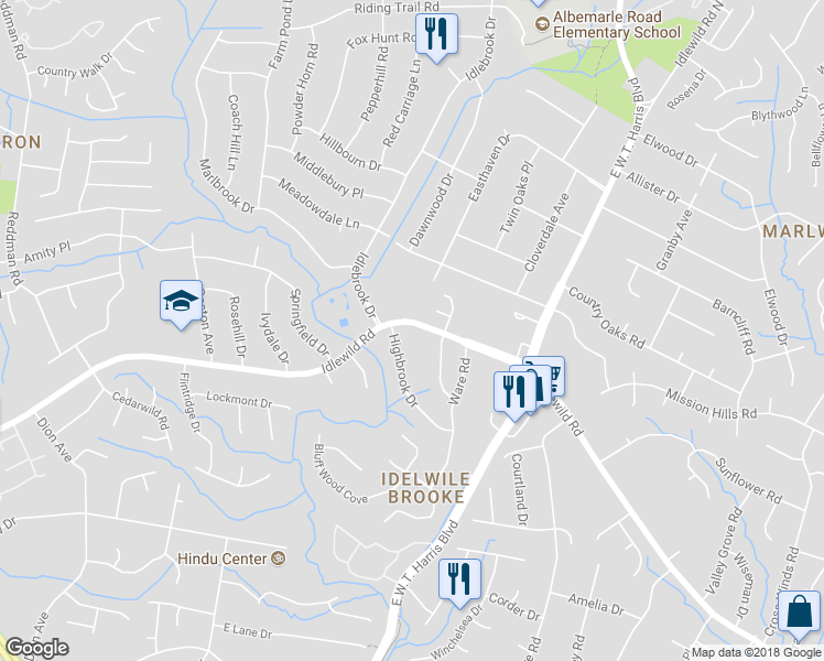 map of restaurants, bars, coffee shops, grocery stores, and more near 7616 Idlewild Road in Charlotte