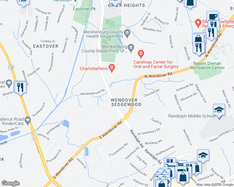 map of restaurants, bars, coffee shops, grocery stores, and more near 3740 Wendwood Lane in Charlotte