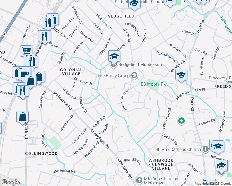 map of restaurants, bars, coffee shops, grocery stores, and more near 807 Selwyn Oaks Court in Charlotte