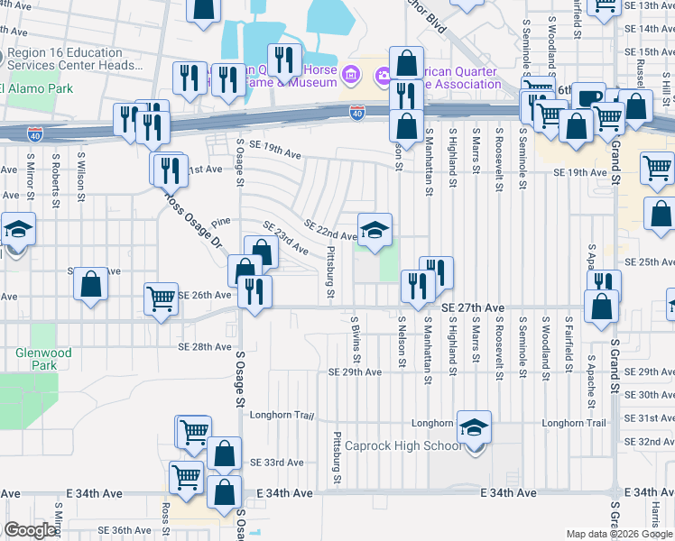 map of restaurants, bars, coffee shops, grocery stores, and more near 2214 South Bivins Street in Amarillo