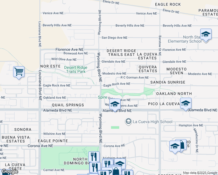 map of restaurants, bars, coffee shops, grocery stores, and more near 7616 Eagle Rock Avenue Northeast in Albuquerque