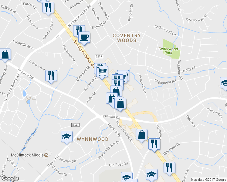 map of restaurants, bars, coffee shops, grocery stores, and more near 5301 E Independence Expy in Charlotte