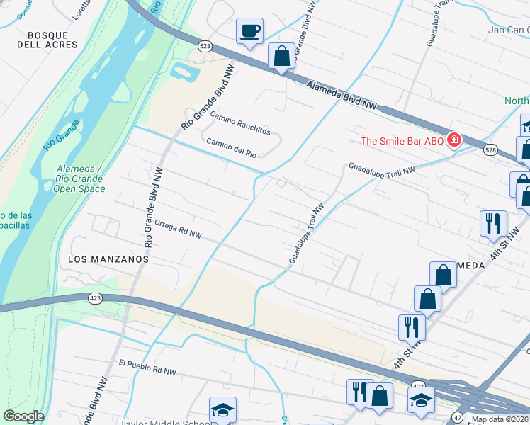 map of restaurants, bars, coffee shops, grocery stores, and more near 8949 Guadalupe Trail Northwest in Albuquerque