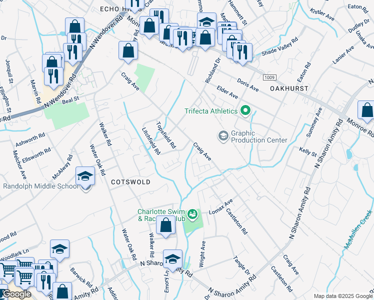 map of restaurants, bars, coffee shops, grocery stores, and more near 3918 Litchfield Road in Charlotte