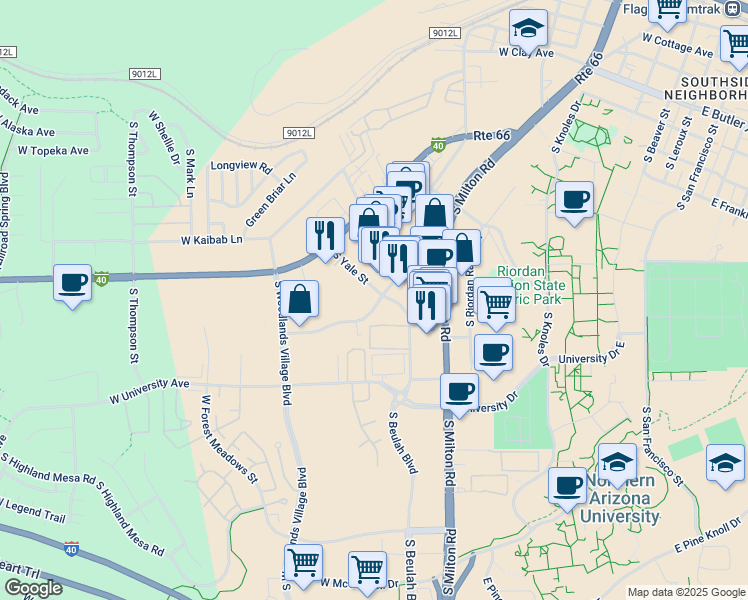 map of restaurants, bars, coffee shops, grocery stores, and more near 1487 South Plaza Way in Flagstaff