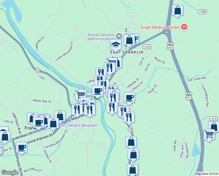 map of restaurants, bars, coffee shops, grocery stores, and more near 83 1st Street in Franklin