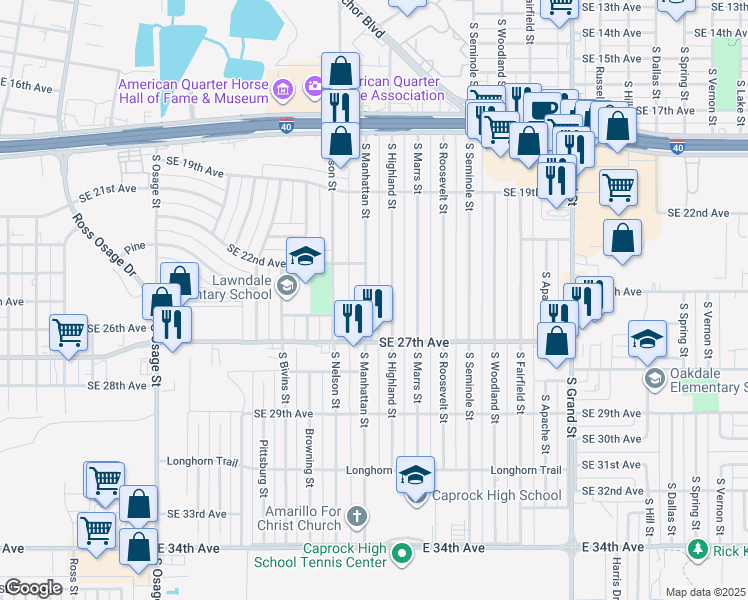 map of restaurants, bars, coffee shops, grocery stores, and more near 1945 South Manhattan Street in Amarillo