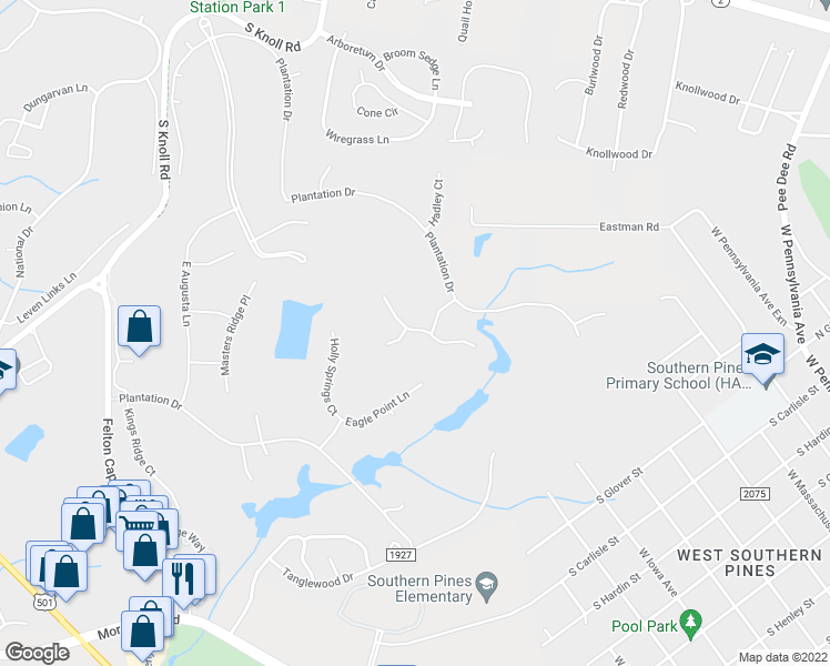 map of restaurants, bars, coffee shops, grocery stores, and more near 103 West Chelsea Court in Southern Pines