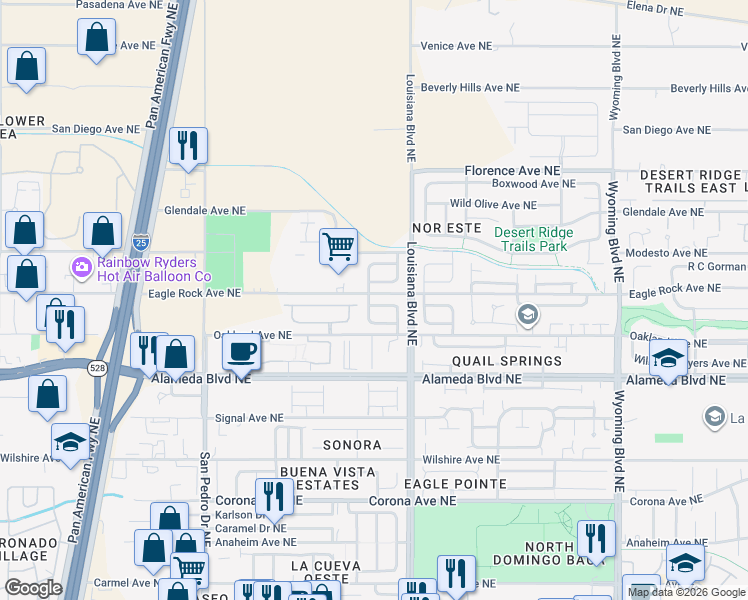 map of restaurants, bars, coffee shops, grocery stores, and more near 6901 Shale Avenue Northeast in Albuquerque