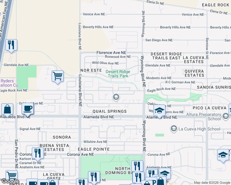 map of restaurants, bars, coffee shops, grocery stores, and more near 9016 Lazy Brook Court Northeast in Albuquerque