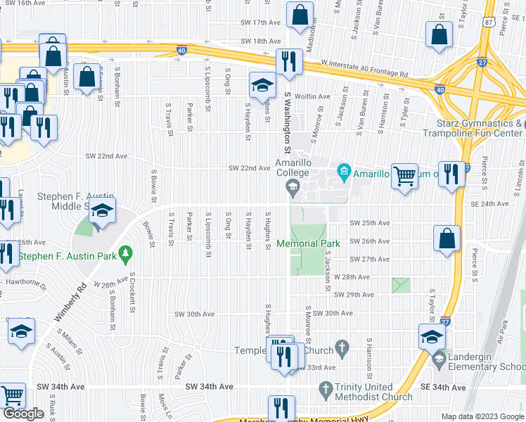 map of restaurants, bars, coffee shops, grocery stores, and more near 2402 South Hughes Street in Amarillo