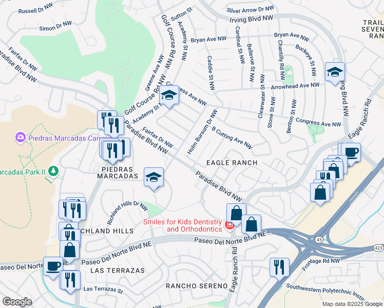 map of restaurants, bars, coffee shops, grocery stores, and more near 9204 Holm Bursum Drive Northwest in Albuquerque