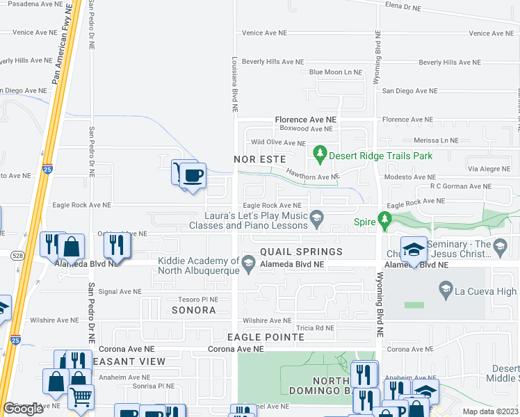 map of restaurants, bars, coffee shops, grocery stores, and more near 7123 Tourmaline Road Northeast in Albuquerque