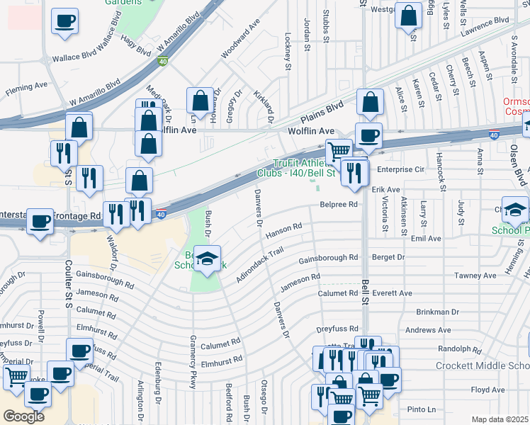 map of restaurants, bars, coffee shops, grocery stores, and more near 6136 Belpree Road in Amarillo