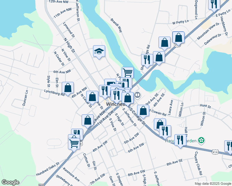 map of restaurants, bars, coffee shops, grocery stores, and more near 118 North Jefferson Street in Winchester