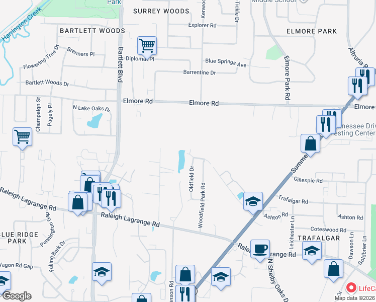 map of restaurants, bars, coffee shops, grocery stores, and more near 2263 Oldfield Drive in Memphis