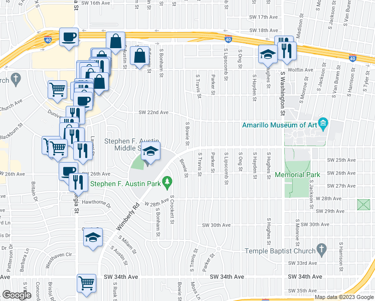 map of restaurants, bars, coffee shops, grocery stores, and more near 4425 South Bowie Street in Amarillo