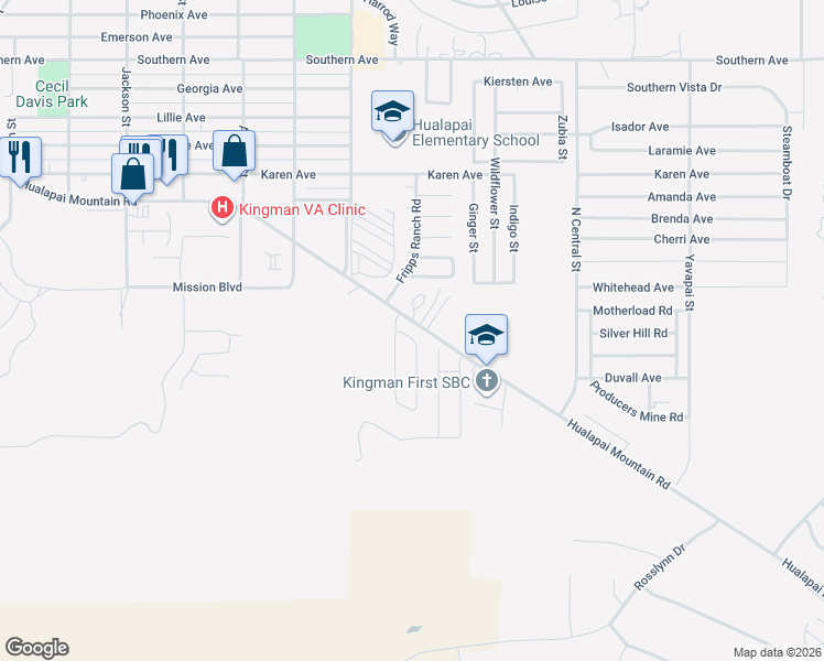 map of restaurants, bars, coffee shops, grocery stores, and more near 2164 Ranch Road in Kingman
