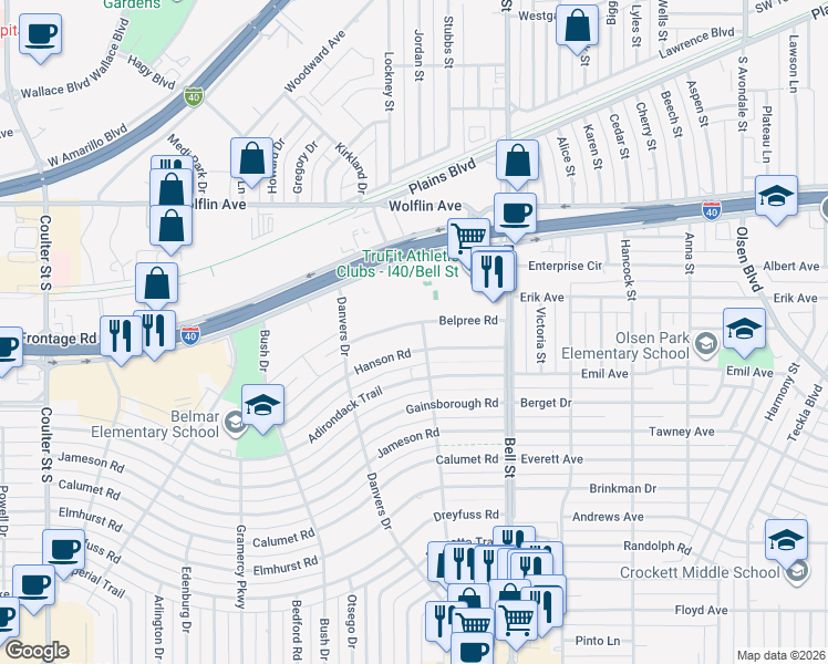 map of restaurants, bars, coffee shops, grocery stores, and more near 6022 Hanson Road in Amarillo