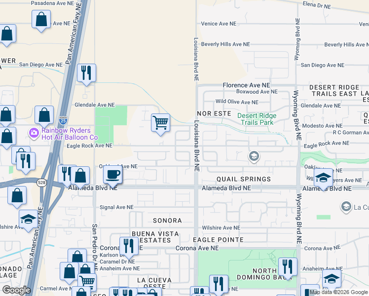 map of restaurants, bars, coffee shops, grocery stores, and more near 6901 Shale Avenue Northeast in Albuquerque