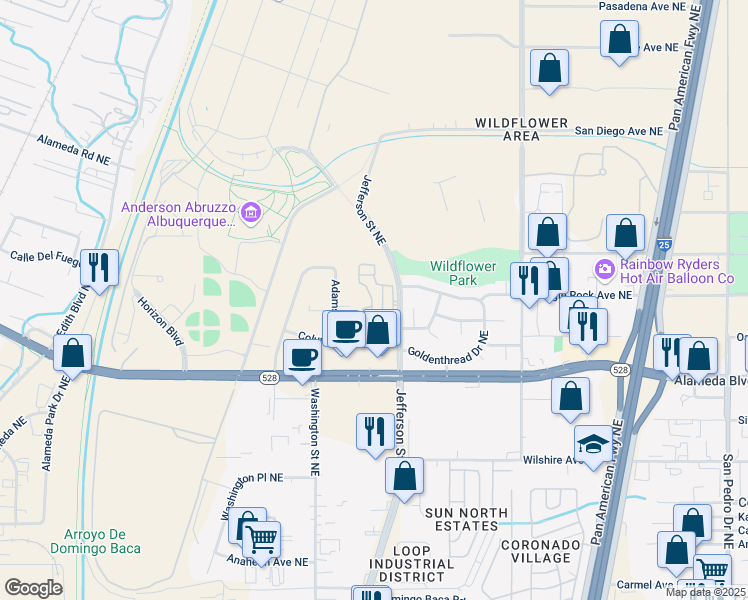 map of restaurants, bars, coffee shops, grocery stores, and more near 8901 Jefferson Street Northeast in Albuquerque