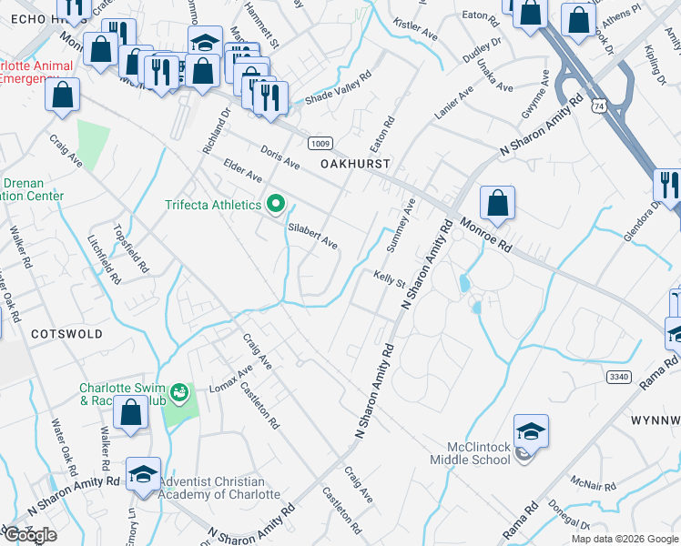 map of restaurants, bars, coffee shops, grocery stores, and more near 5235 Silabert Avenue in Charlotte