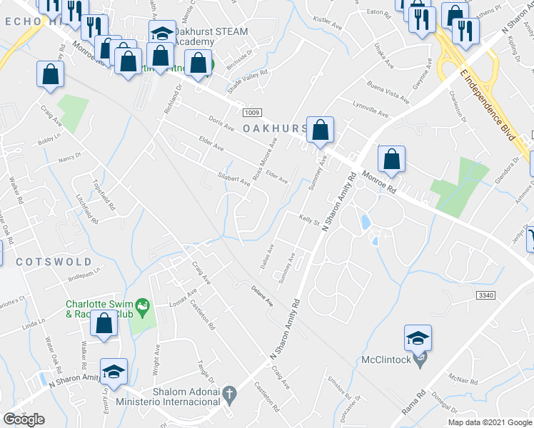 map of restaurants, bars, coffee shops, grocery stores, and more near 5235 Silabert Avenue in Charlotte