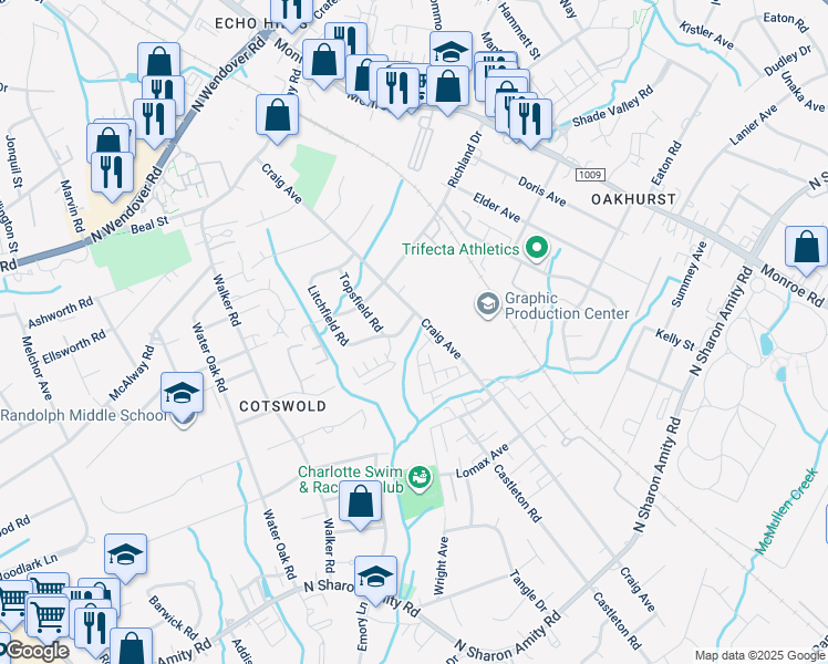 map of restaurants, bars, coffee shops, grocery stores, and more near 3918 Litchfield Road in Charlotte