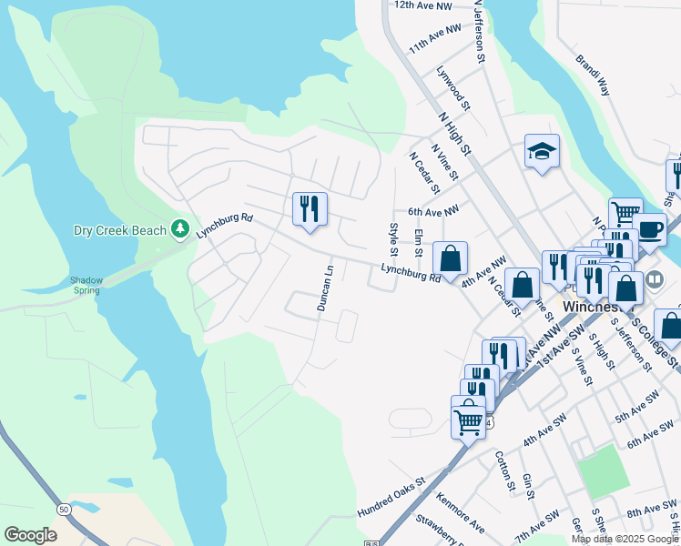 map of restaurants, bars, coffee shops, grocery stores, and more near 109 Heath Lane in Winchester