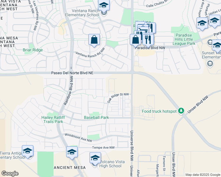 map of restaurants, bars, coffee shops, grocery stores, and more near 9305 Silver Mesa Street in Albuquerque