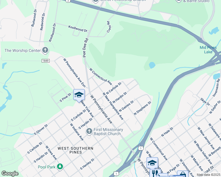 map of restaurants, bars, coffee shops, grocery stores, and more near 270 North Carlisle Street in Southern Pines