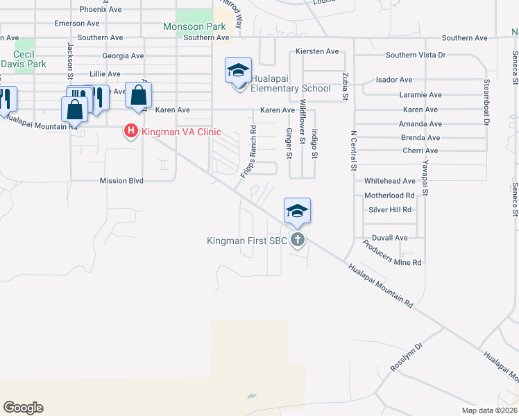map of restaurants, bars, coffee shops, grocery stores, and more near Hualapai Mountain Road in Kingman