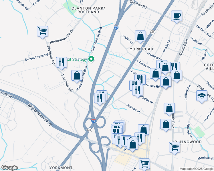 map of restaurants, bars, coffee shops, grocery stores, and more near 340 Orchard Circle in Charlotte