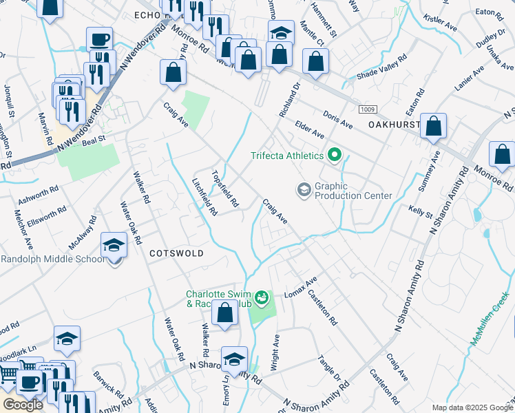 map of restaurants, bars, coffee shops, grocery stores, and more near 3918 Litchfield Road in Charlotte