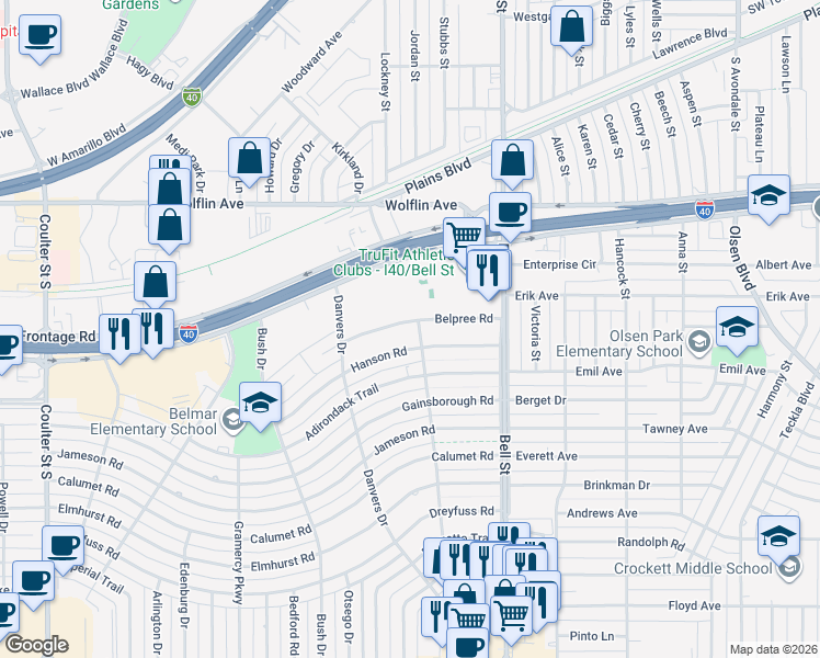 map of restaurants, bars, coffee shops, grocery stores, and more near 6022 Hanson Road in Amarillo