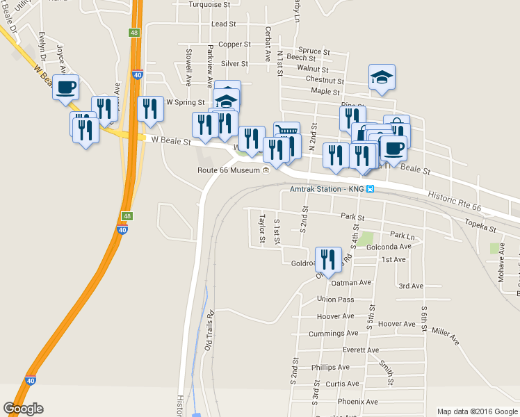 map of restaurants, bars, coffee shops, grocery stores, and more near Park Avenue in Kingman