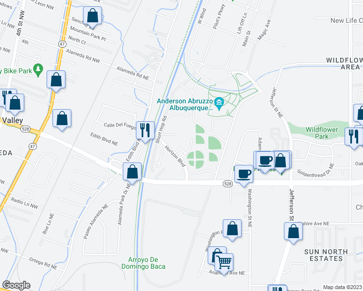 map of restaurants, bars, coffee shops, grocery stores, and more near 8810 Horizon Boulevard in Albuquerque