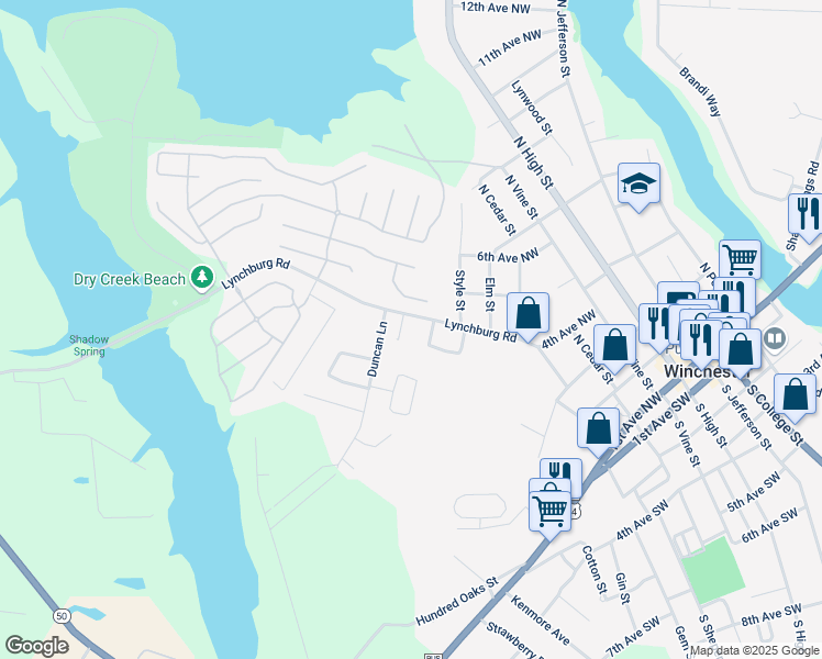 map of restaurants, bars, coffee shops, grocery stores, and more near 103 Lynchburg Road in Winchester