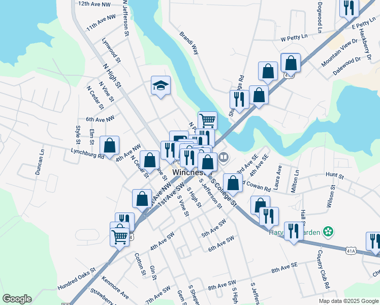 map of restaurants, bars, coffee shops, grocery stores, and more near 118 North Jefferson Street in Winchester
