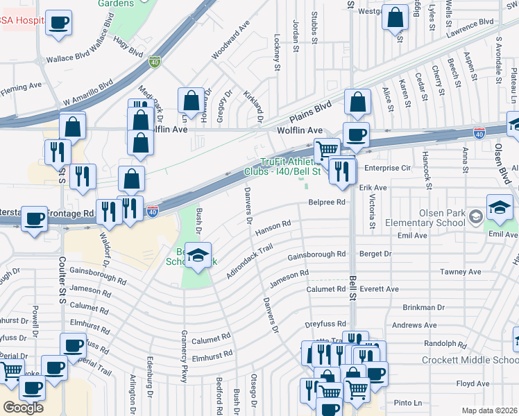 map of restaurants, bars, coffee shops, grocery stores, and more near 6136 Belpree Road in Amarillo