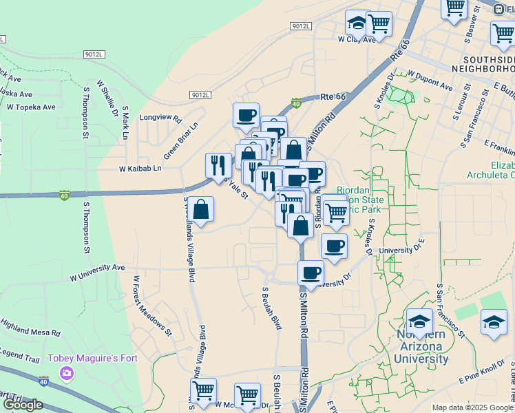 map of restaurants, bars, coffee shops, grocery stores, and more near 1501 South Plaza Way in Flagstaff