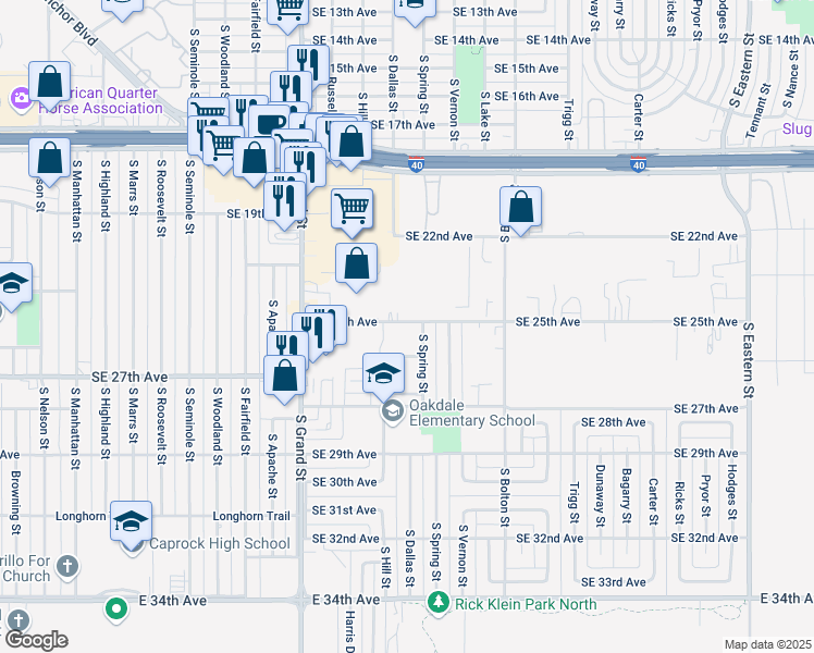 map of restaurants, bars, coffee shops, grocery stores, and more near 2500 South Spring Street in Amarillo